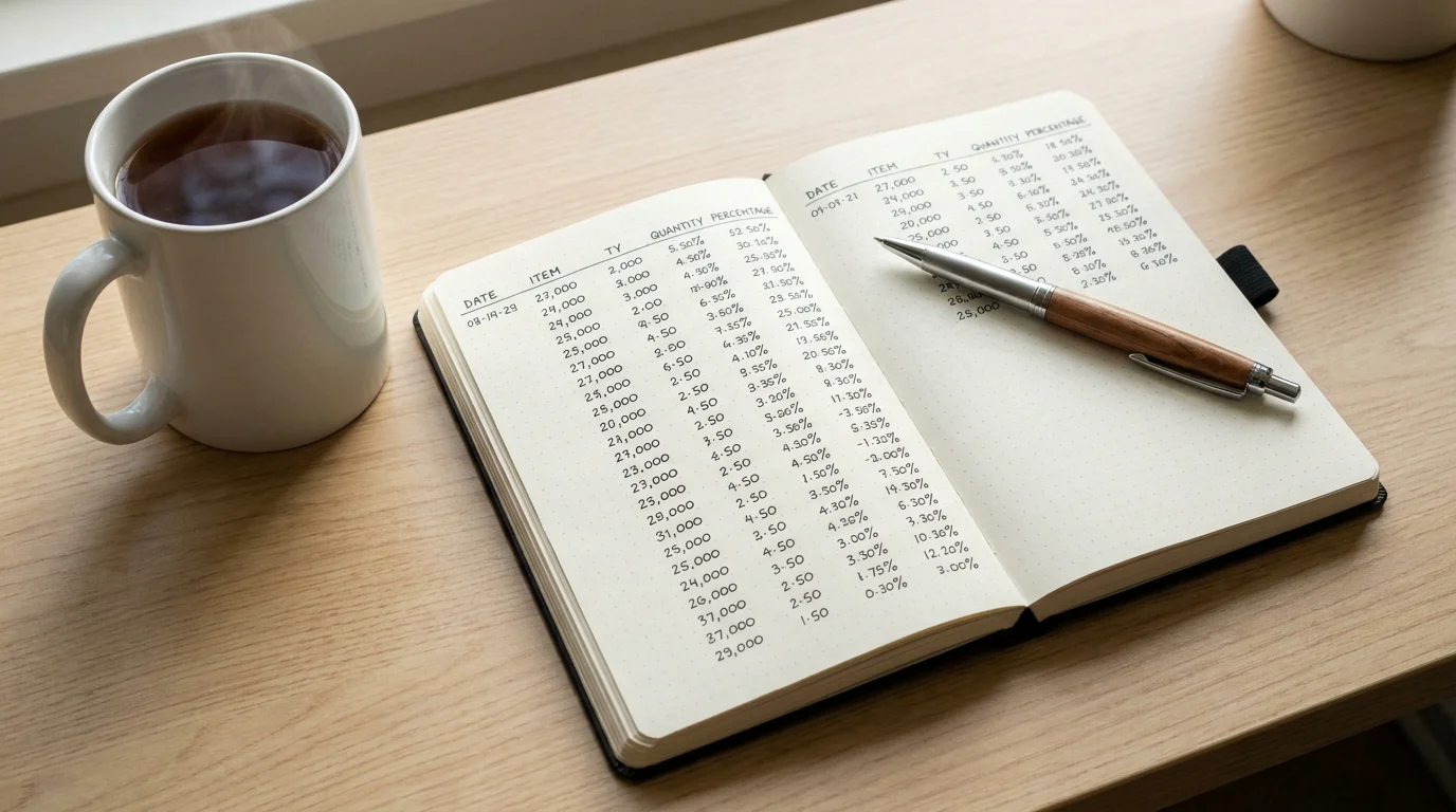 Open notebook with a staking plan and percentage calculations next to a pen