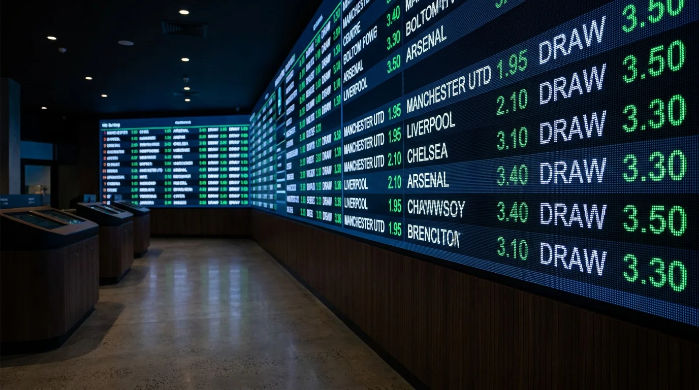Digital odds board showing decimal prices for a Premier League football match